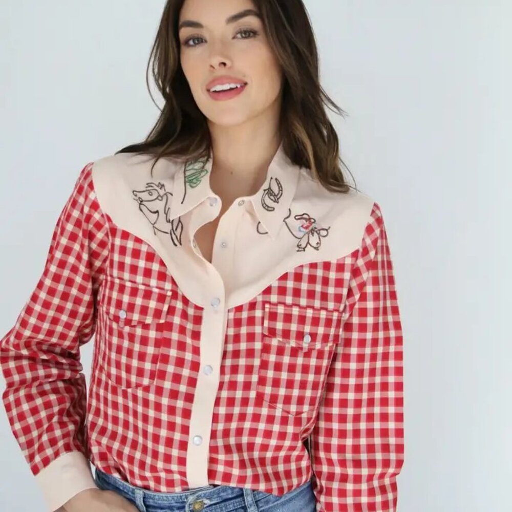 Pearl Snap, Embroidery Cowboy Red Gingham NEW